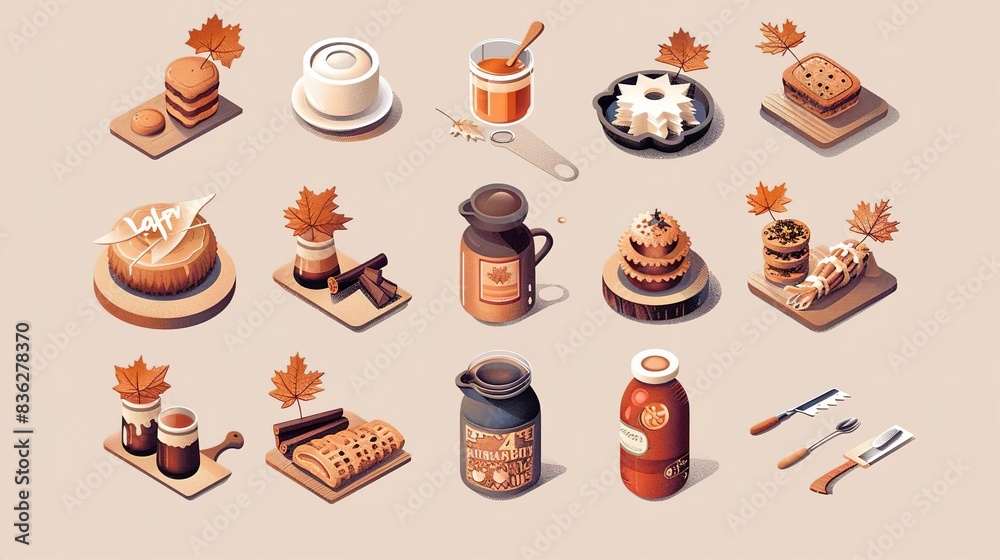 Isometric set of autumn food and drink icons, perfect for fall themed designs. Isometric set of autumn food and drink icons, perfect for fall themed designs.