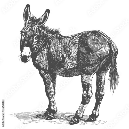 Donkey in Stippled Engraving: Rustic Farm Animal, Black and White.