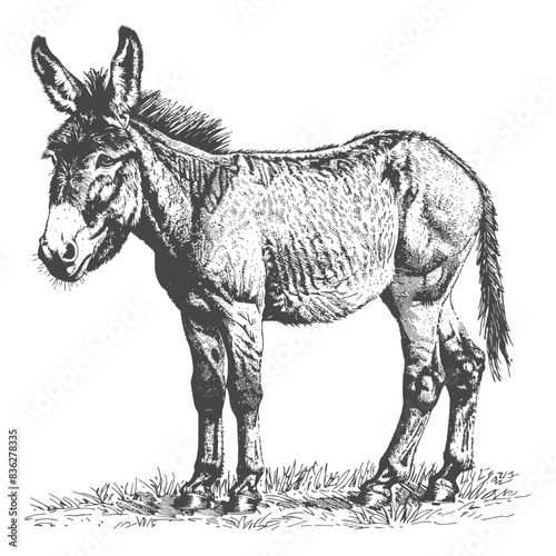 Etched Donkey: Detailed Vintage Illustration of a Shaggy, Solemn Donkey Standing on Grass.