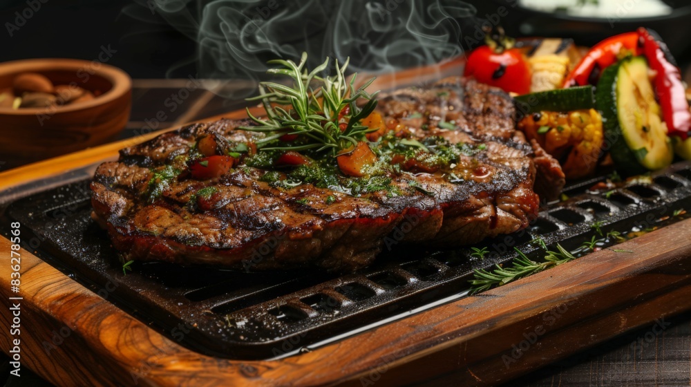 A sizzling Kurobuta pork steak served on a wooden board, garnished with fresh herbs and accompanied by roasted vegetables. A sizzling Kurobuta pork steak served on a wooden board, garnished with fresh herbs and accompanied by roasted vegetables.