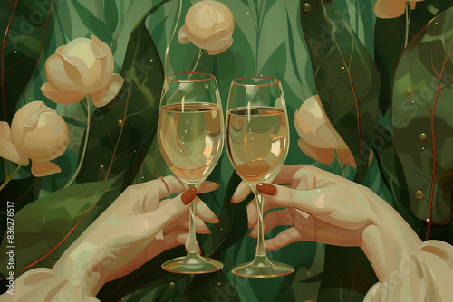 Two hands toasting with champagne glasses with a blurry background of green foliage. photo