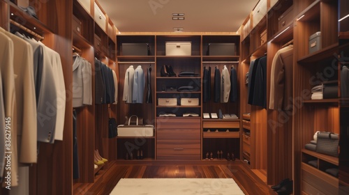 A spacious walk-in closet is organized with shelves, drawers, and racks, providing ample space for clothes and accessories. © Thirawat
