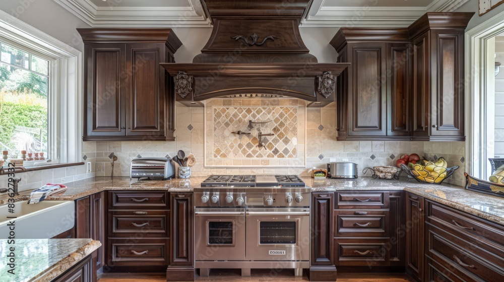 A traditional kitchen with dark wood cabinets, a large range hood, and classic tile backsplash. A traditional kitchen with dark wood cabinets, a large range hood, and classic tile backsplash.
