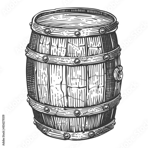 Etched Wooden Barrel: Aged, Cracked, and Metal-Bound Illustration