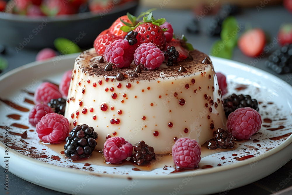 Close-up shot of delicious panna cotta dessert with fresh berries, sprinkle of cocoa powder, chocolate drizzle Close-up shot of delicious panna cotta dessert with fresh berries, sprinkle of cocoa powder, chocolate drizzle