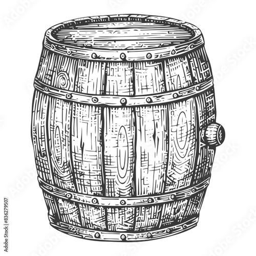 Vintage Wooden Barrel: Hand-Drawn Engraving Style Illustration