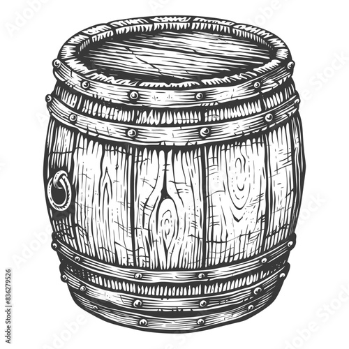 Woodcut Style: Aged Oak Barrel with Metal Hoops and Rustic Texture