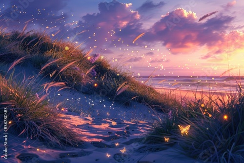 Coastal dunes with swaying grasses, fireflies glowing softly, sunset tones, panoramic view, enchanting digital art photo