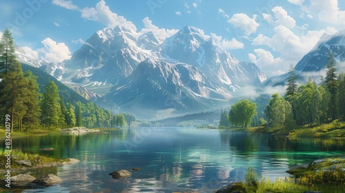 Serene Mountain Landscape: Illustrate the majestic beauty of a mountain landscape