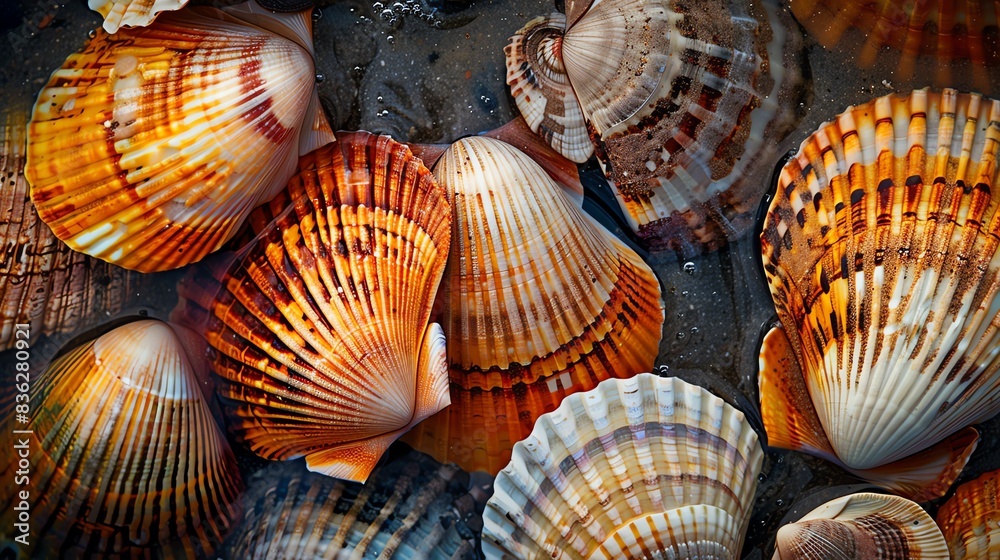 Close-up of colorful seashells on a sandy beach. Close-up of colorful seashells on a sandy beach.