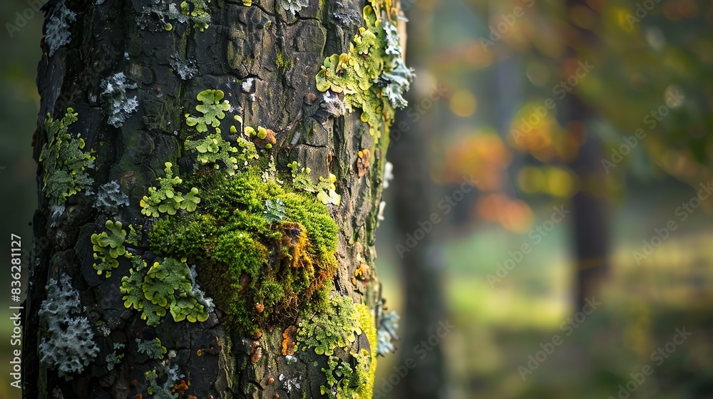 Obraz premium Closeup of a mossy tree trunk in a forest, with soft sunlight filtering through the leaves.