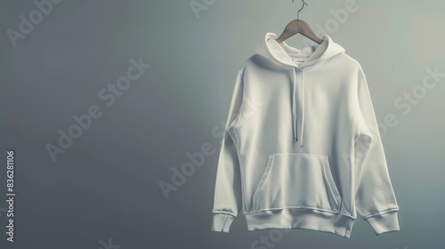 Plain white hoodie on a hanger, displayed against a minimalist background, ready for graphic designs and logos