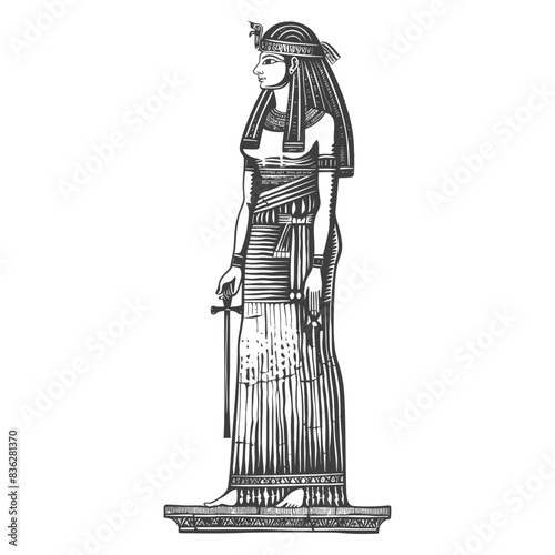 Egyptian Goddess Statue: Engraved Vintage Illustration.