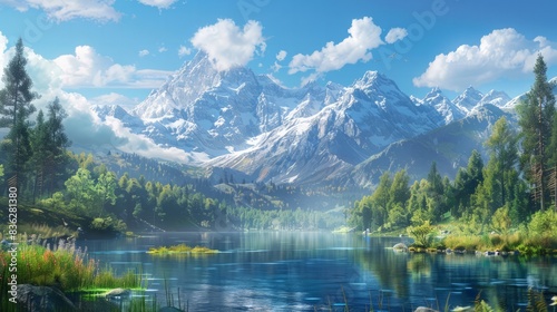 Serene Mountain Landscape  Illustrate the majestic beauty of a mountain landscape