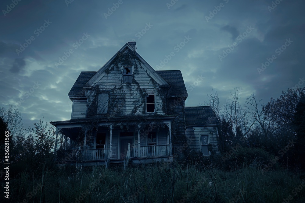 A creepy house with a dark sky and a tree in front of it A creepy house with a dark sky and a tree in front of it