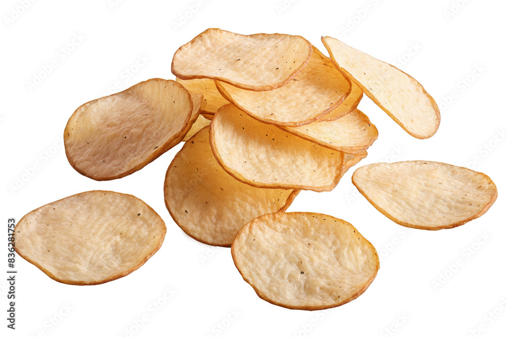 A collection of potato chips scattered across a transparent, white background in a png format A collection of potato chips scattered across a transparent, white background in a png format