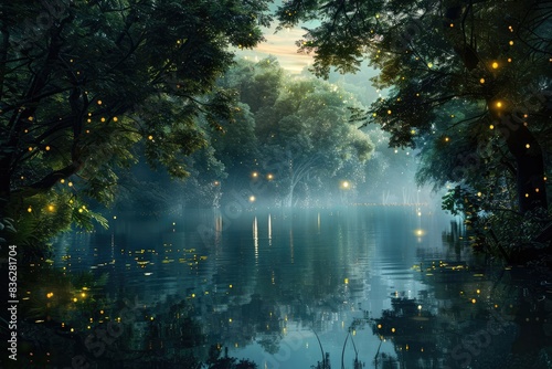 Lakeside with dense trees, fireflies flickering among branches, twilight hues, lowangle shot, serene digital art photo