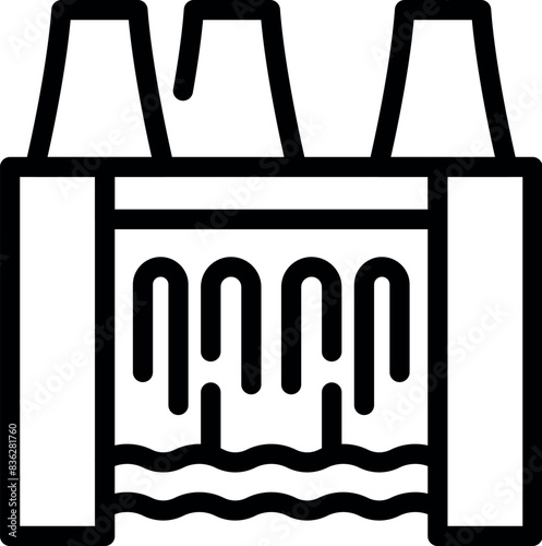 Black and white line icon of a hydroelectric dam, ideal for energy and environment themes