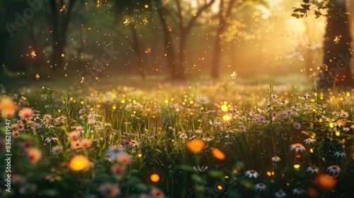Lush meadow full of wildflowers  fireflies glowing softly  golden light at dusk  wideangle view  enchanting digital art
