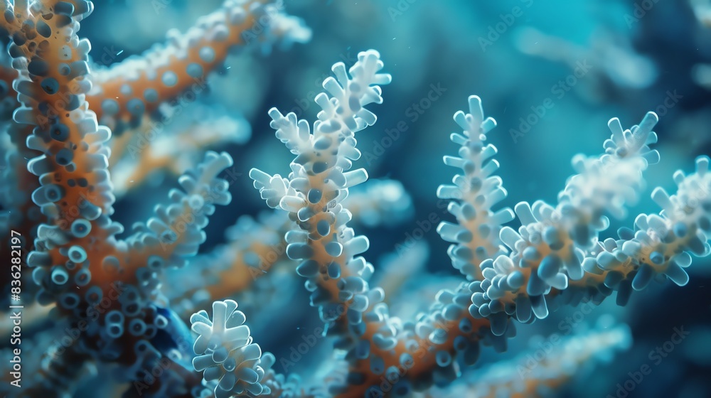 Fototapeta premium Vibrant underwater coral reef with sunlight filtering through.