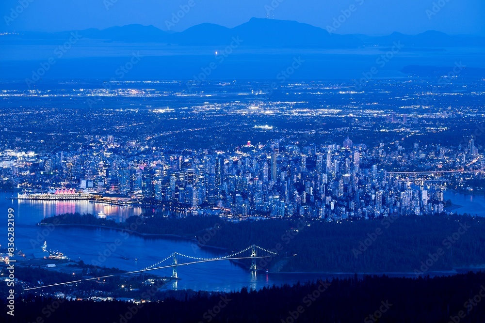 Obraz premium Vancouver city skyline at night drone photography. British Columbia. Canada