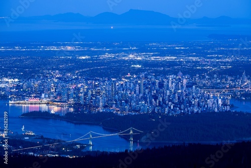 Vancouver city skyline at night drone photography. British Columbia. Canada