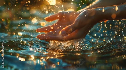Beautiful hands playfully splash water in a tranquil pond  the droplets catching the sunlight.