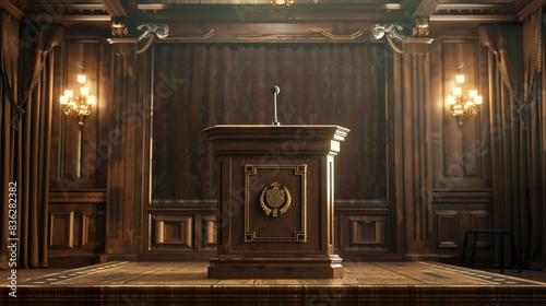 Classic wooden podium with brass details, set in a historic hall with grand decor, suitable for formal academic speeches photo