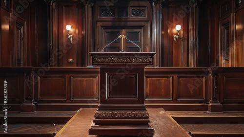 Classic wooden podium with brass inlays, set in a historic courtroom with dark wood paneling, perfect for formal speeches photo