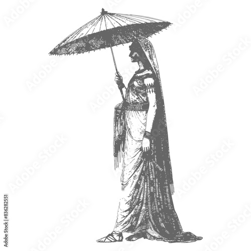 Victorian Woman with Parasol, Antiquarian Style Illustration.