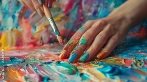 Beautiful hands with nails painted in vibrant colors, creating art with a paintbrush on a canvas.