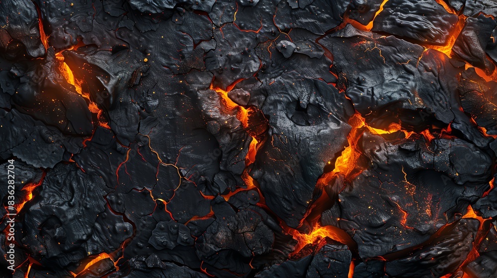 Close-up of molten lava flowing through cracks in hardened volcanic rock. Close-up of molten lava flowing through cracks in hardened volcanic rock.