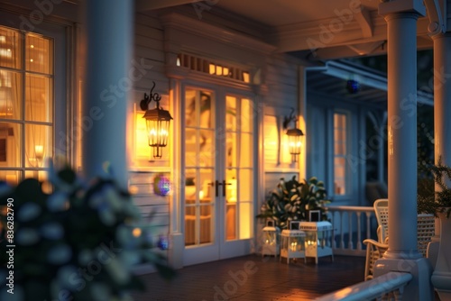A porch with a white house and a white railing