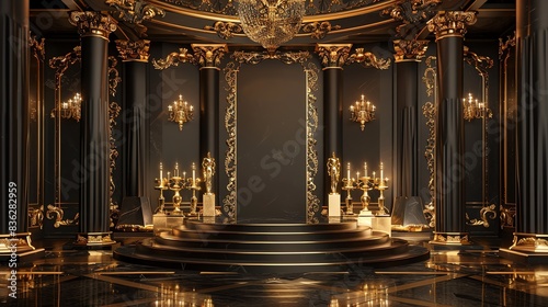 Elegant podium with gold accents, set in a luxurious venue with grand chandeliers, perfect for prestigious award ceremonies