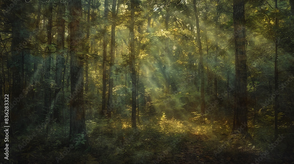 Obraz premium Sunbeams illuminate a dense, green forest.
