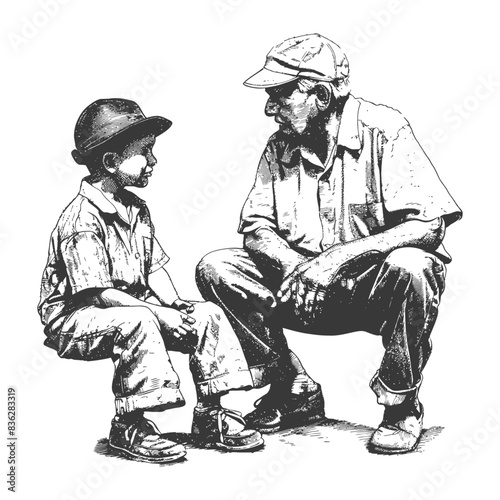 Ink Sketch: Grandfather and Grandson Sharing a Moment, Both Wearing Hats.
