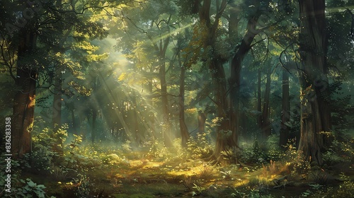 Sunbeams illuminate a path through a lush green forest.