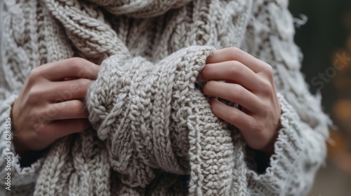 Delicate hands skillfully knit a soft, warm scarf, showcasing both beauty and utility.
