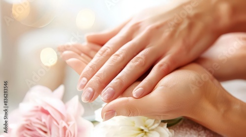 Elegant hands gently massage essential oils into the skin, promoting relaxation and well-being.