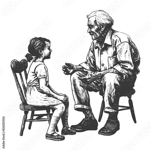 Grandfather's Story: Pen & Ink Illustration of Intergenerational Connection.