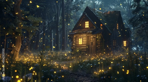Fireflies create a sparkling aura around a quaint cabin in the woods, adding to its charm and mystery. © Thirawat