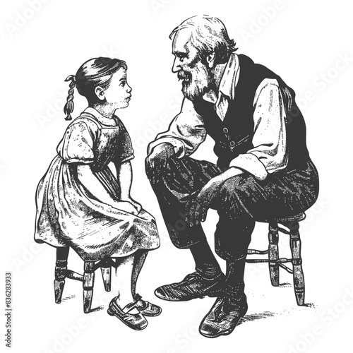 Grandpa's Tale: Girl Listening to Elderly Man, Vintage Engraving Illustration