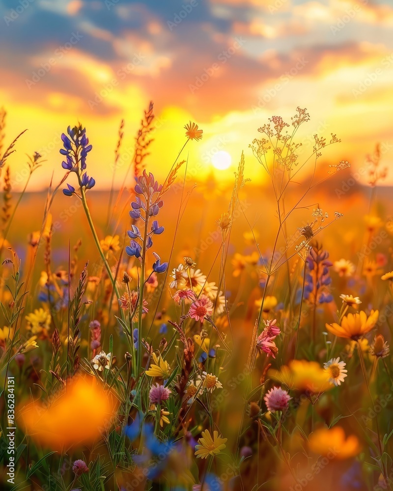 Naklejka premium Colorful spring sunrise on meadow