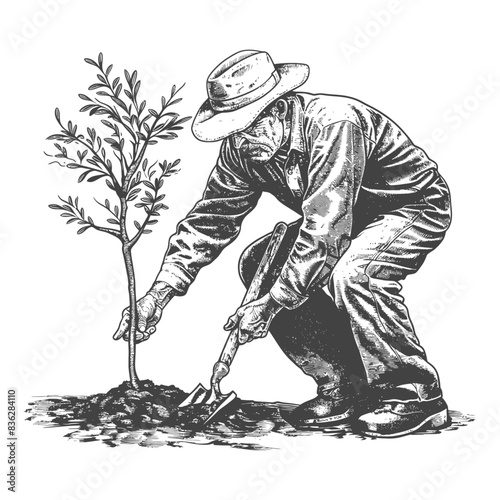 Engraved Farmer Planting Sapling: Detailed Monochrome Illustration of Conservation.