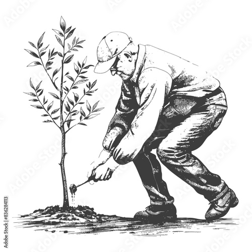 Sketch of Gardener Planting Young Tree: Monochromatic Hand-Drawn Illustration