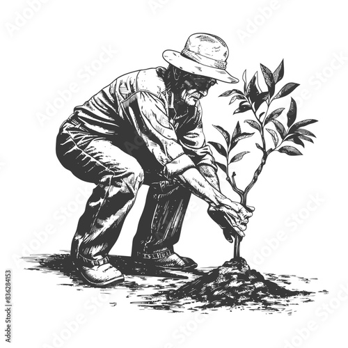 Ink Sketch: Farmer Plants Sapling Tree, Sunhat, Hard Work, Growth.