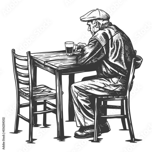 Lonely Pint: Old Man, Pub Table, Engraving Style Illustration