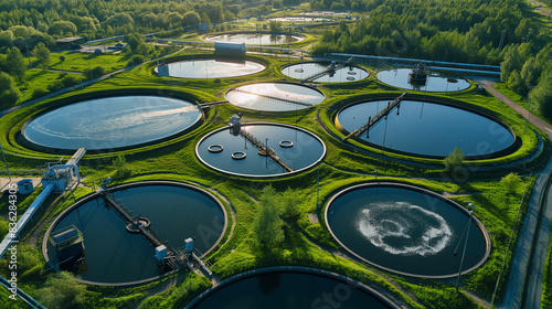Aerial view of wastewater treatment plant, effluent and wastewater filtration. Industrial solutions for wastewater treatment and recycling