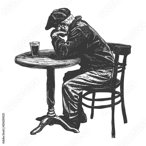 Pensive Man, Flat Cap, Dark Beer, Woodcut Style Illustration.