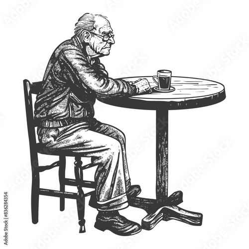 Elderly man with pint, sketched, contemplating life at pub table, thoughtful solitude.